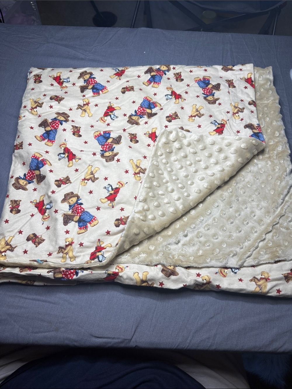 Cowgirl Bear Minky Reversible Baby Blanket - Cream